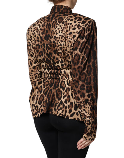 Dolce &amp; Gabbana Braune Seidenmanteljacke mit Leopardenmuster und Knöpfen