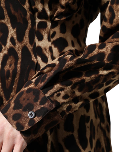 Dolce &amp; Gabbana Braune Seidenmanteljacke mit Leopardenmuster und Knöpfen