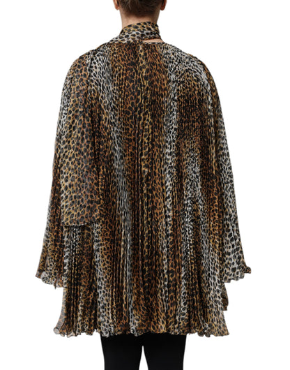 Dolce &amp; Gabbana – Braunes Chiffonkleid mit Schalkragen und Leopardenmuster