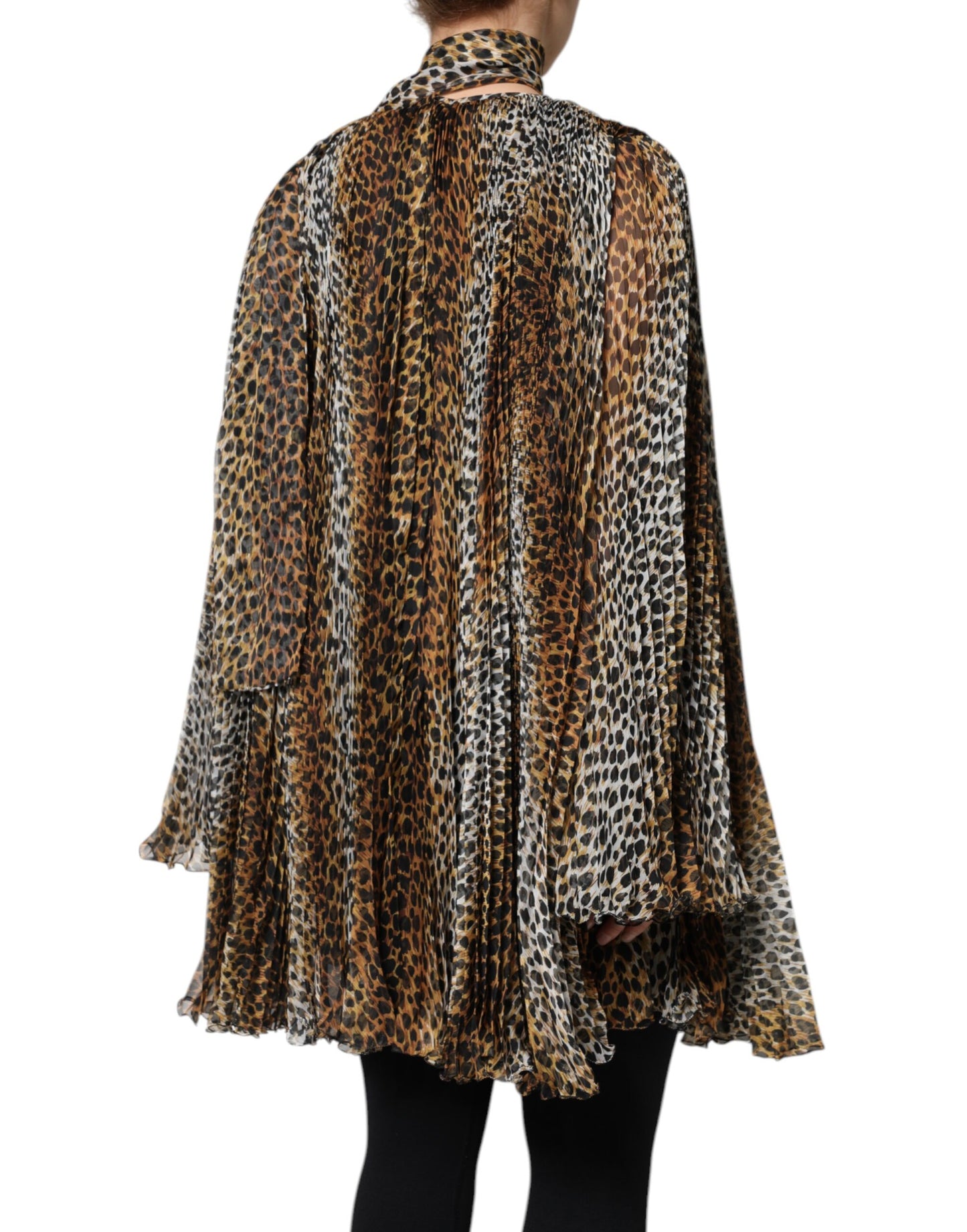 Dolce &amp; Gabbana – Braunes Chiffonkleid mit Schalkragen und Leopardenmuster