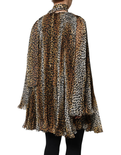 Dolce &amp; Gabbana – Braunes Chiffonkleid mit Schalkragen und Leopardenmuster