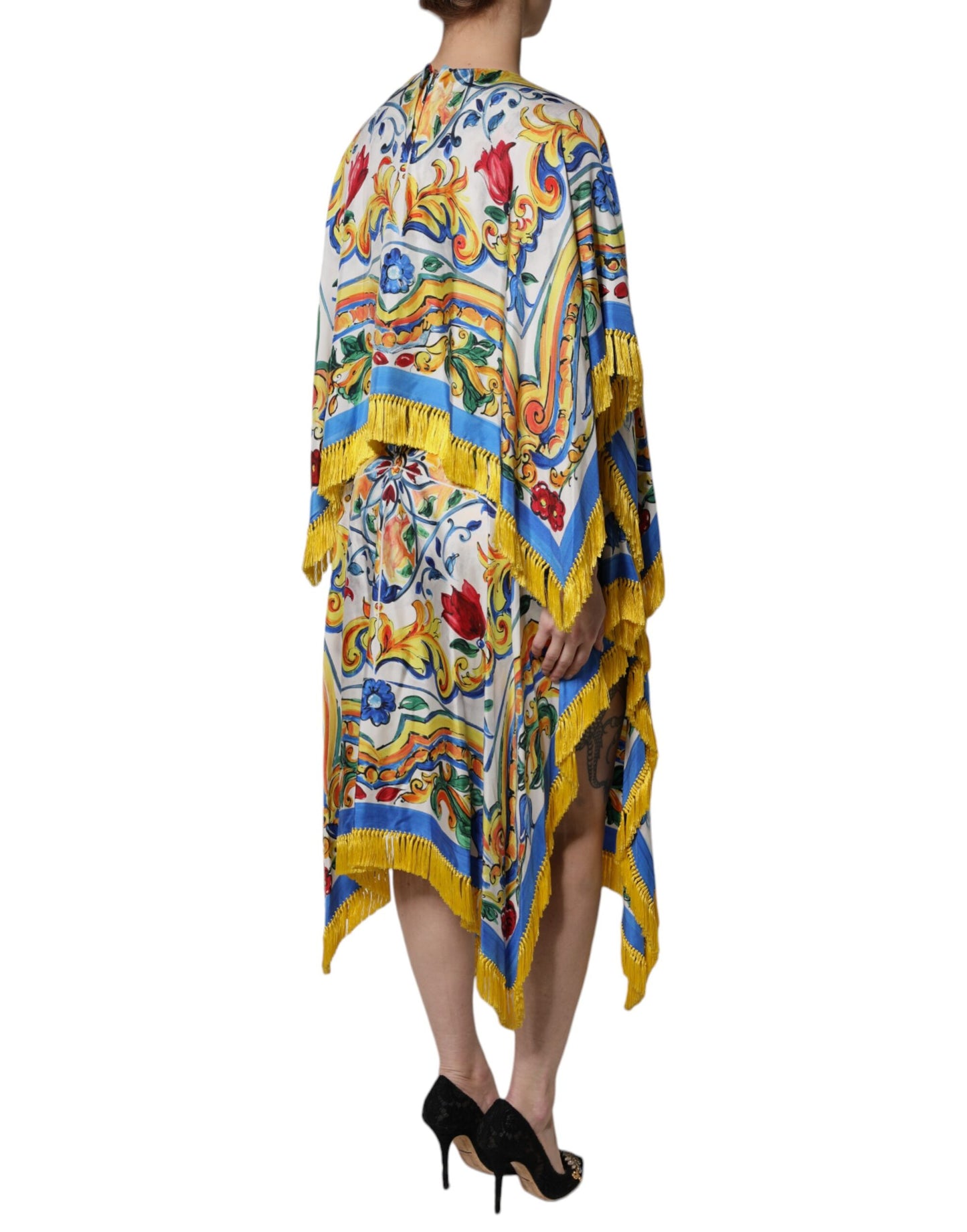 Dolce &amp; Gabbana – Mehrfarbiges Majolika-Kaftan-Maxikleid mit kurzen Ärmeln