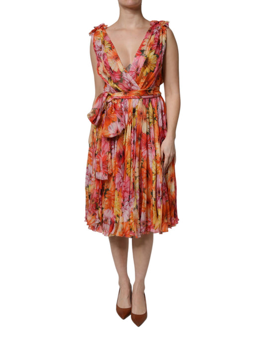 Dolce &amp; Gabbana Mehrfarbiges Chiffonkleid aus Seide mit V-Ausschnitt und Blumenmuster