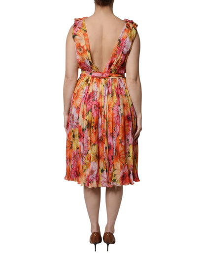 Dolce &amp; Gabbana Mehrfarbiges Chiffonkleid aus Seide mit V-Ausschnitt und Blumenmuster