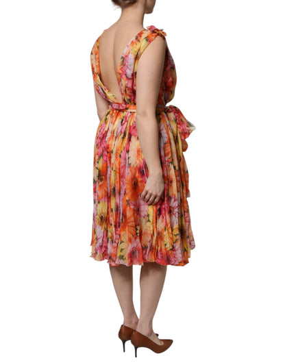 Dolce &amp; Gabbana Mehrfarbiges Chiffonkleid aus Seide mit V-Ausschnitt und Blumenmuster