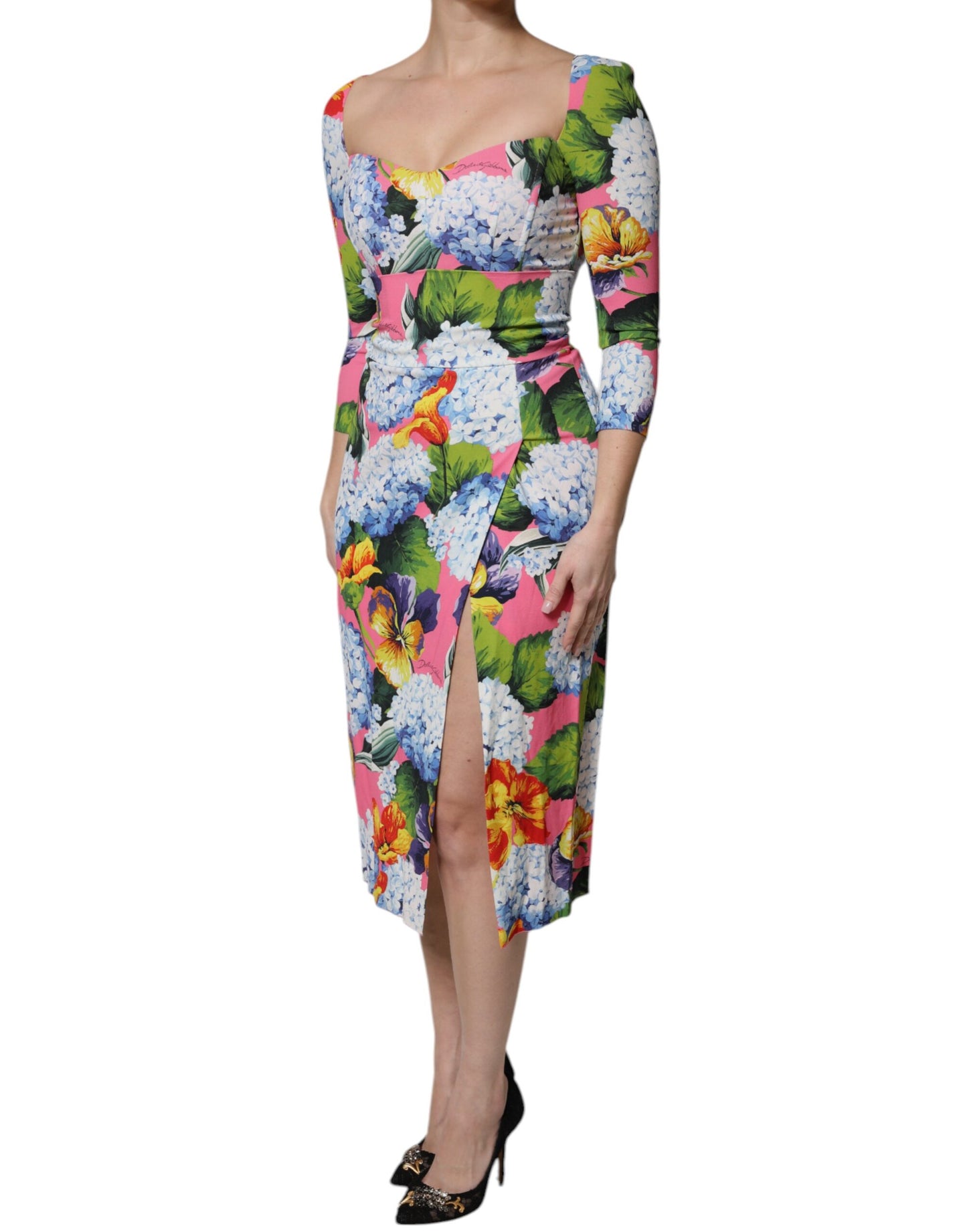 Dolce &amp; Gabbana – Mehrfarbiges Midikleid mit seitlichem Schlitz und Blumenmuster