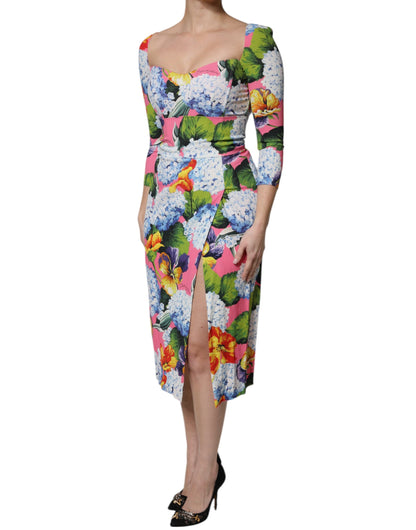 Dolce &amp; Gabbana – Mehrfarbiges Midikleid mit seitlichem Schlitz und Blumenmuster