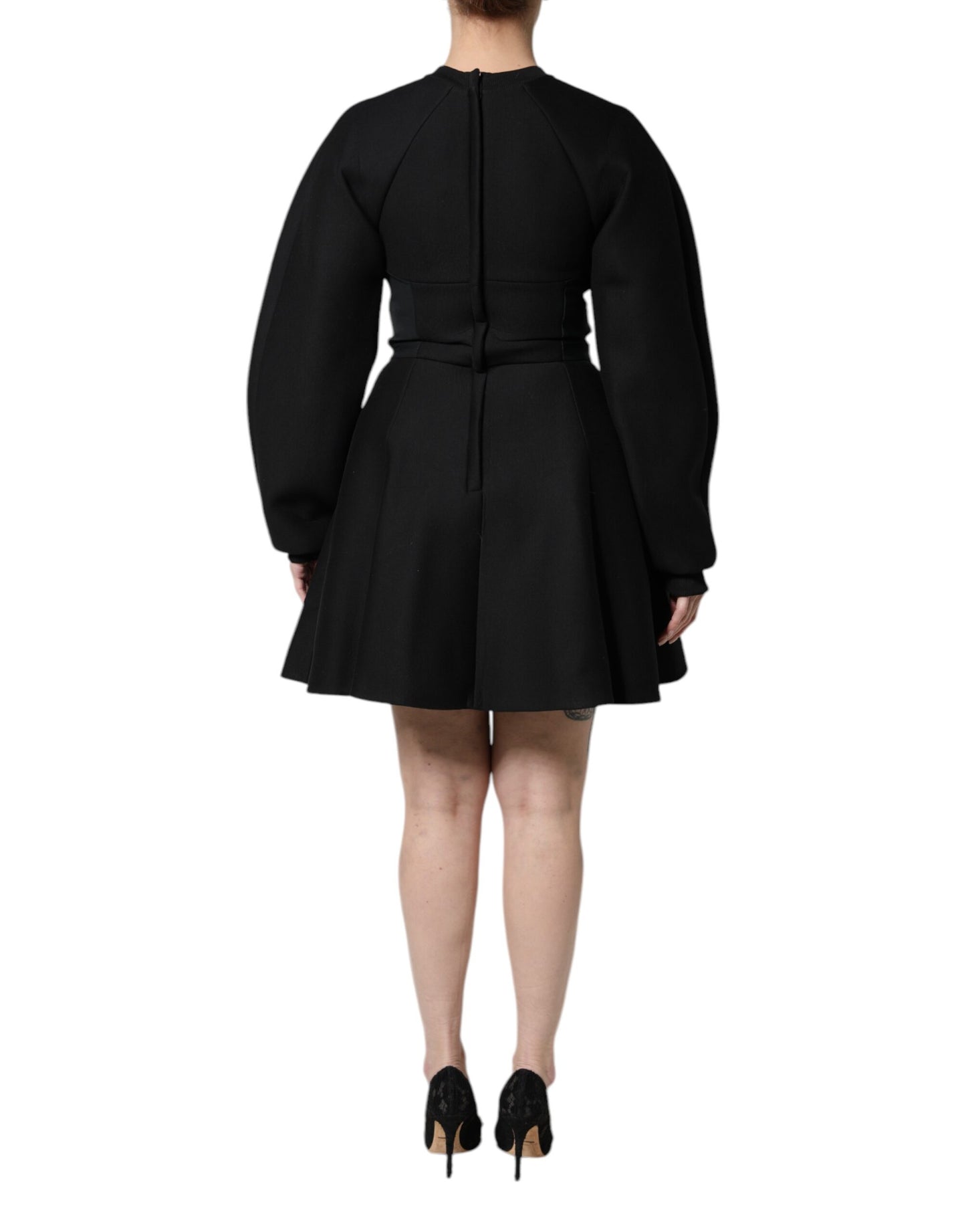 Dolce &amp; Gabbana – Schwarzes, langärmliges Minikleid in A-Linie aus Baumwolle