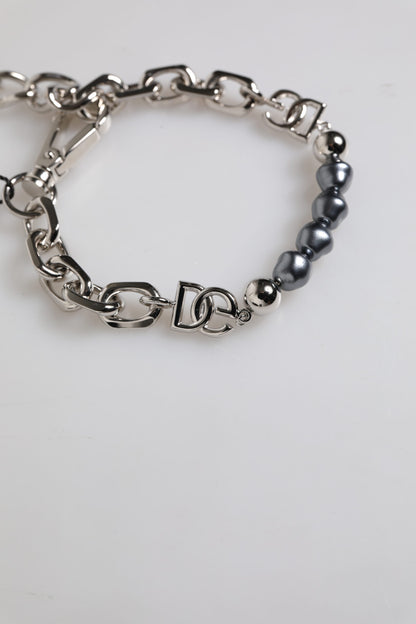Dolce &amp; Gabbana Silberfarbenes Kettenarmband mit Karabinerverschluss und grauen Perlen