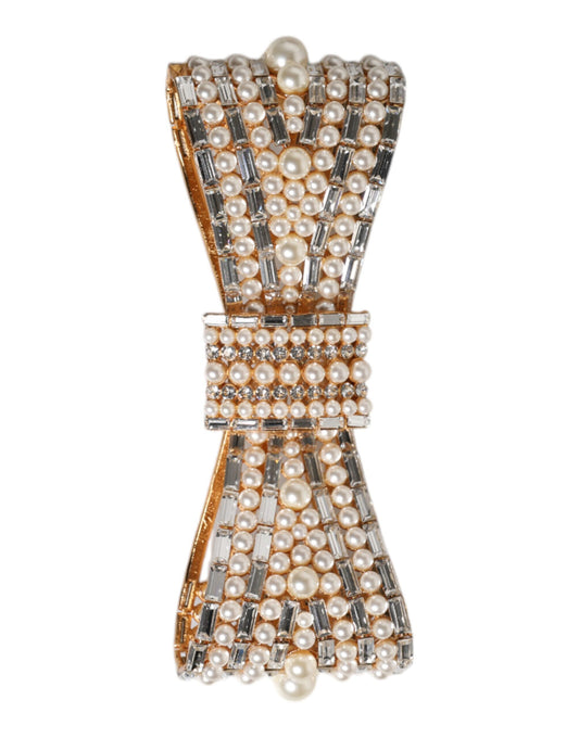 Dolce &amp; Gabbana – Brosche aus goldfarbenem Messing mit Schleife und Kristall-Kunstperlenverzierung
