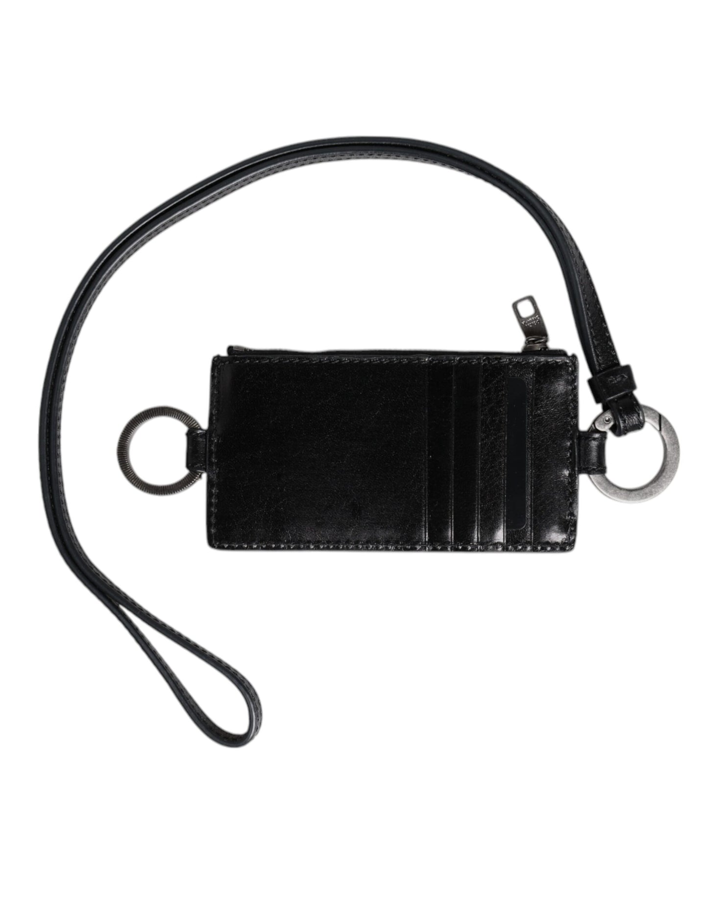 Dolce &amp; Gabbana Black Leather Logo Embossed Lanyard Card Holder Wallet