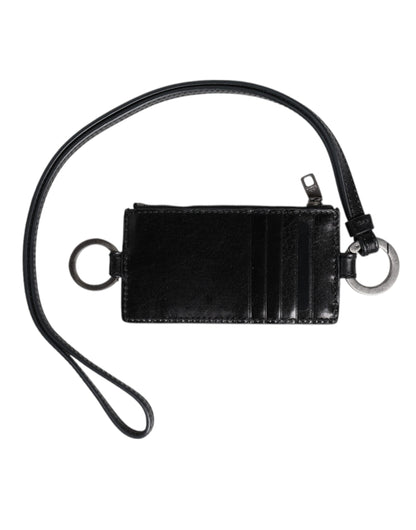 Dolce &amp; Gabbana Black Leather Logo Embossed Lanyard Card Holder Wallet
