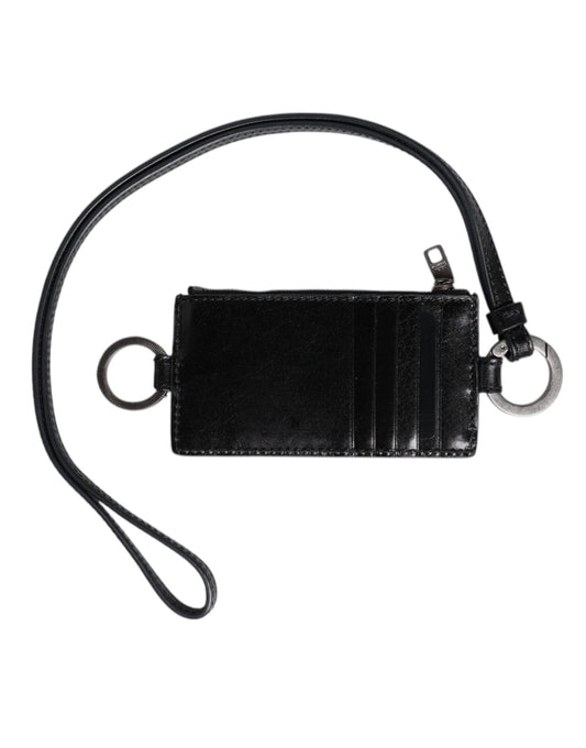 Dolce &amp; Gabbana Black Leather Logo Embossed Lanyard Card Holder Wallet