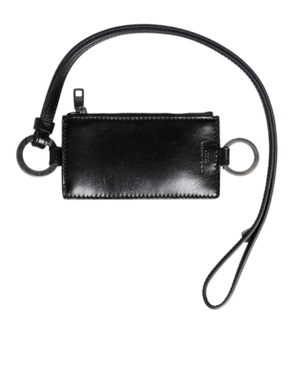 Dolce &amp; Gabbana Black Leather Logo Embossed Lanyard Card Holder Wallet