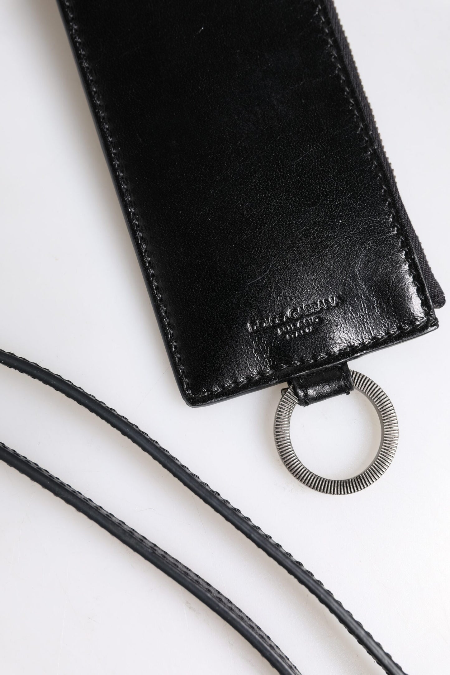 Dolce &amp; Gabbana Black Leather Logo Embossed Lanyard Card Holder Wallet