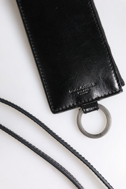 Dolce &amp; Gabbana Black Leather Logo Embossed Lanyard Card Holder Wallet