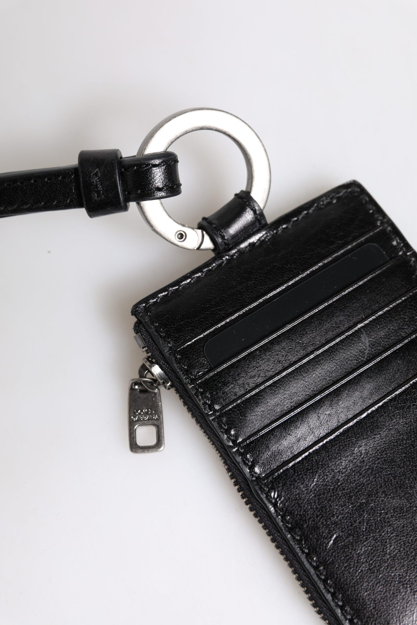 Dolce &amp; Gabbana Black Leather Logo Embossed Lanyard Card Holder Wallet