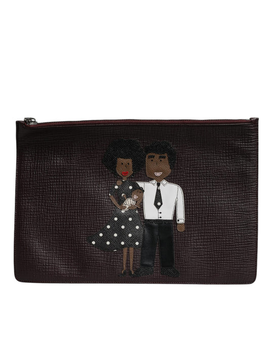 Dolce &amp; Gabbana Brown Leather #DGFAMILY Embellished Men Clutch Pouch Bag