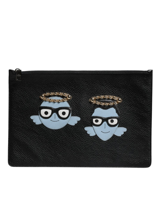 Dolce &amp; Gabbana Black Leather #DGFAMILY Embellished Men Zip Pouch Bag