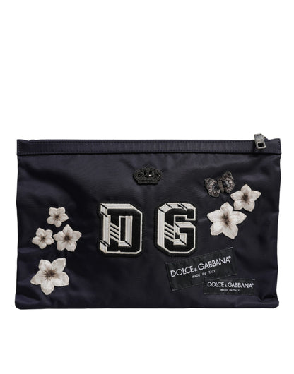 Dolce &amp; Gabbana Blue DG Logo Patch Embellished Pouch Clutch Bag