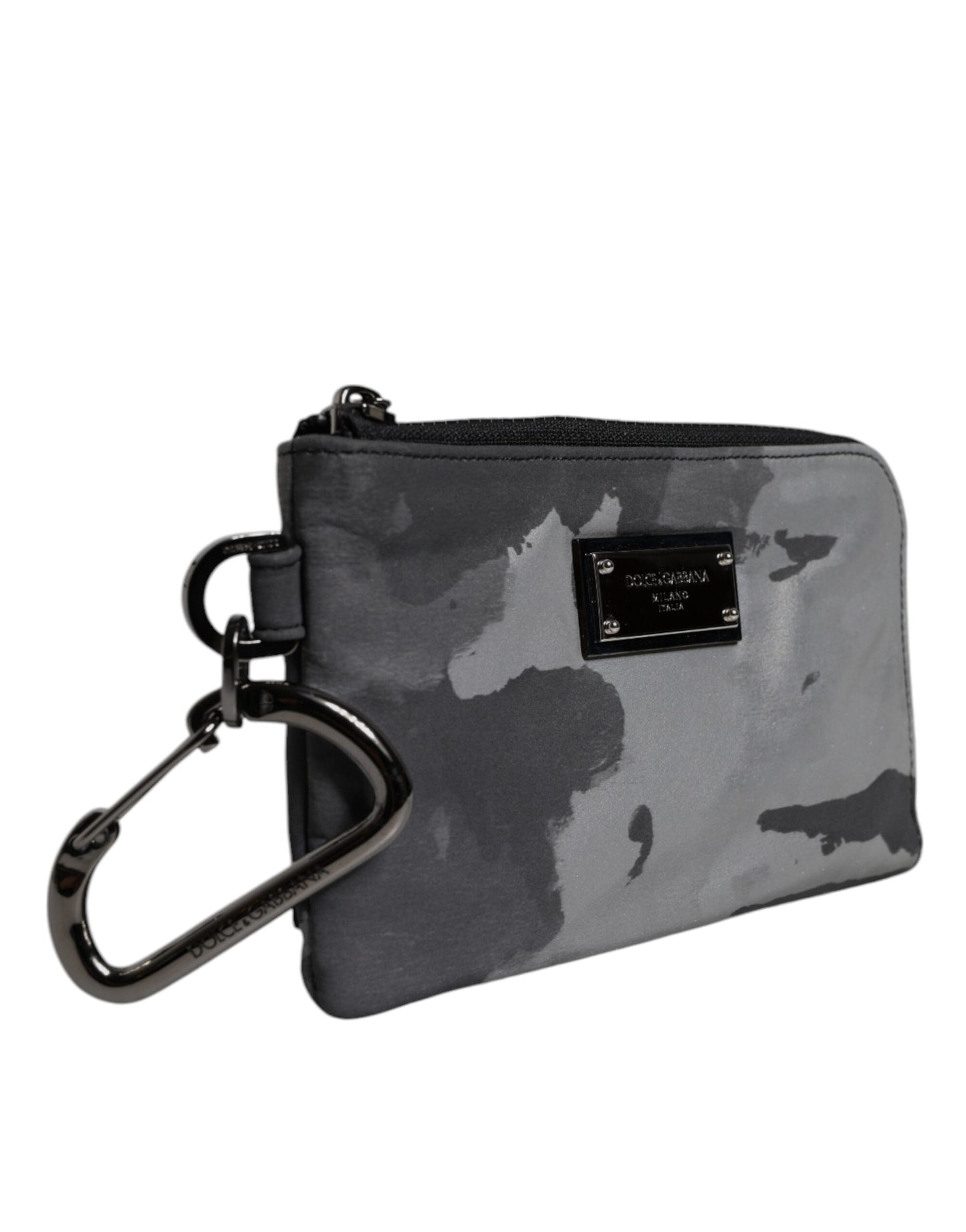 Dolce &amp; Gabbana Black Gray Camouflage Logo Plaque Keyring Pouch Bag