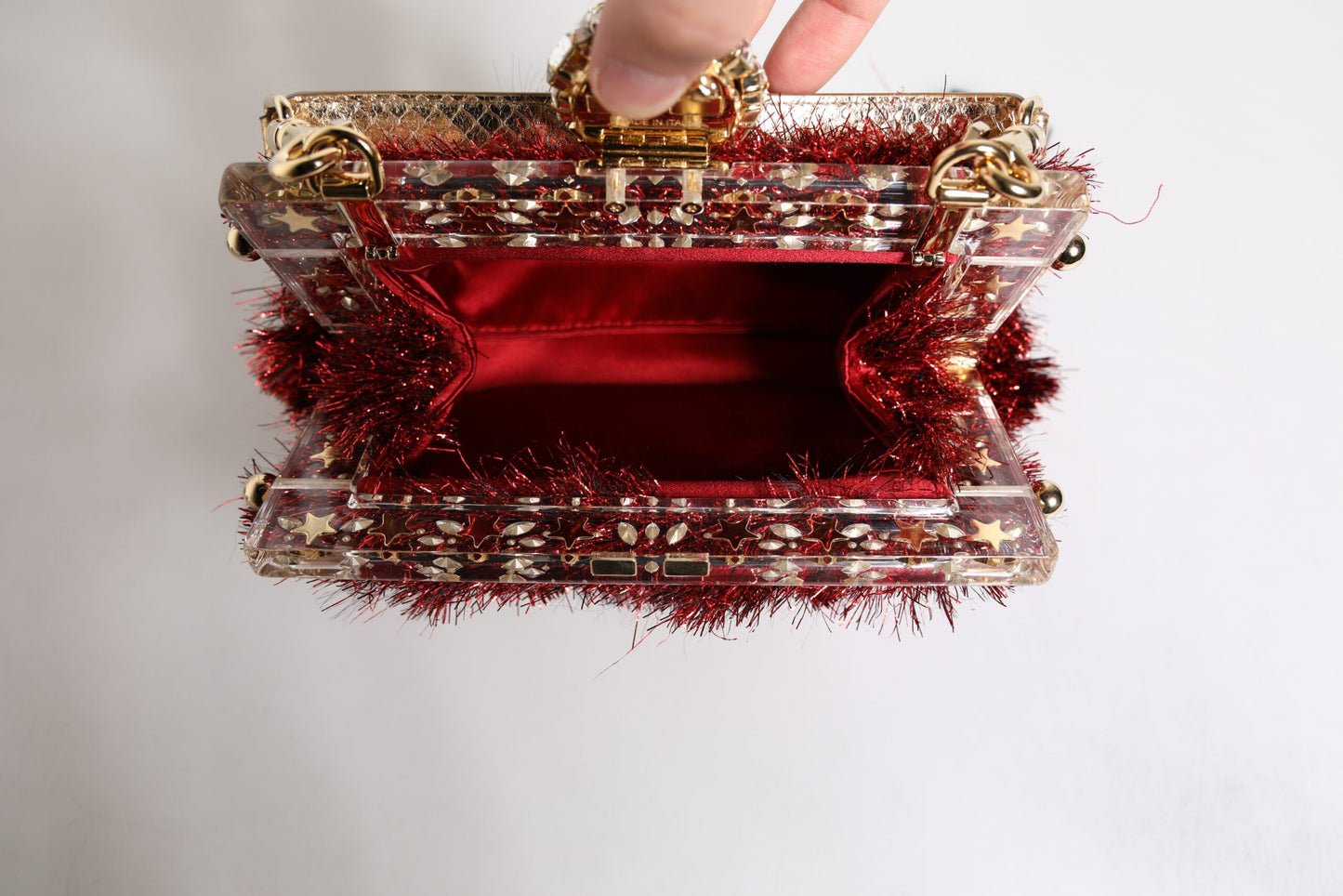 Dolce &amp; Gabbana Red Gold Chain VANDA Tinsel Crystals Evening Clutch Bag