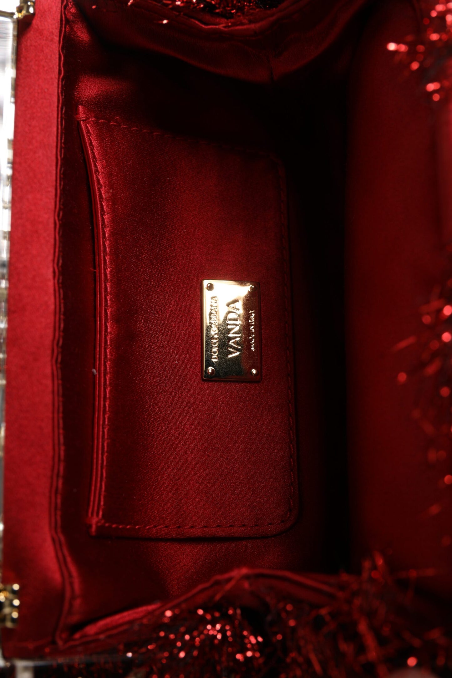 Dolce &amp; Gabbana Red Gold Chain VANDA Tinsel Crystals Evening Clutch Bag