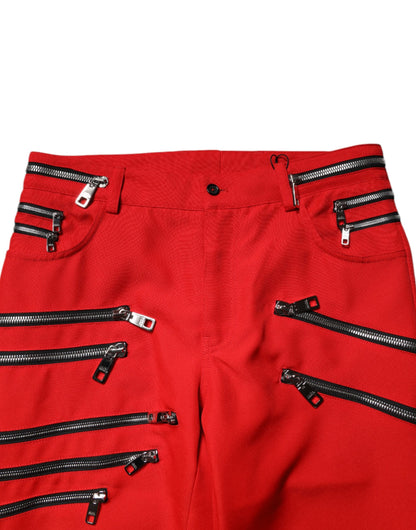 Dolce &amp; Gabbana Red Zipper Embellished Straight Pants