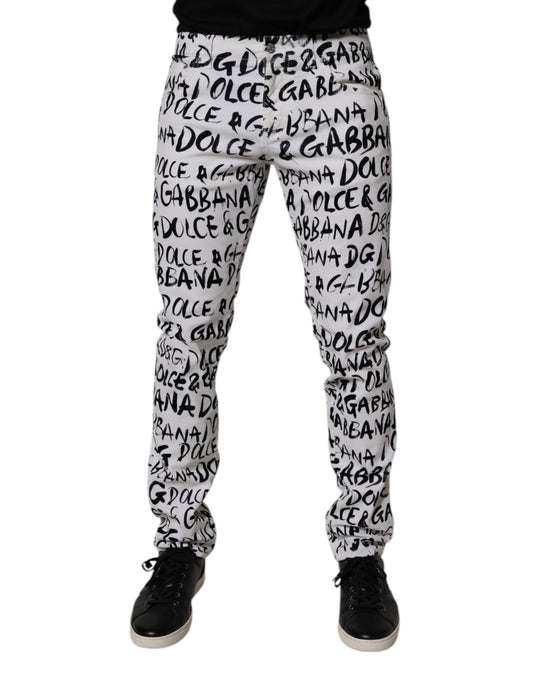 Dolce &amp; Gabbana White Cotton Logo Print Skinny Denim Jeans