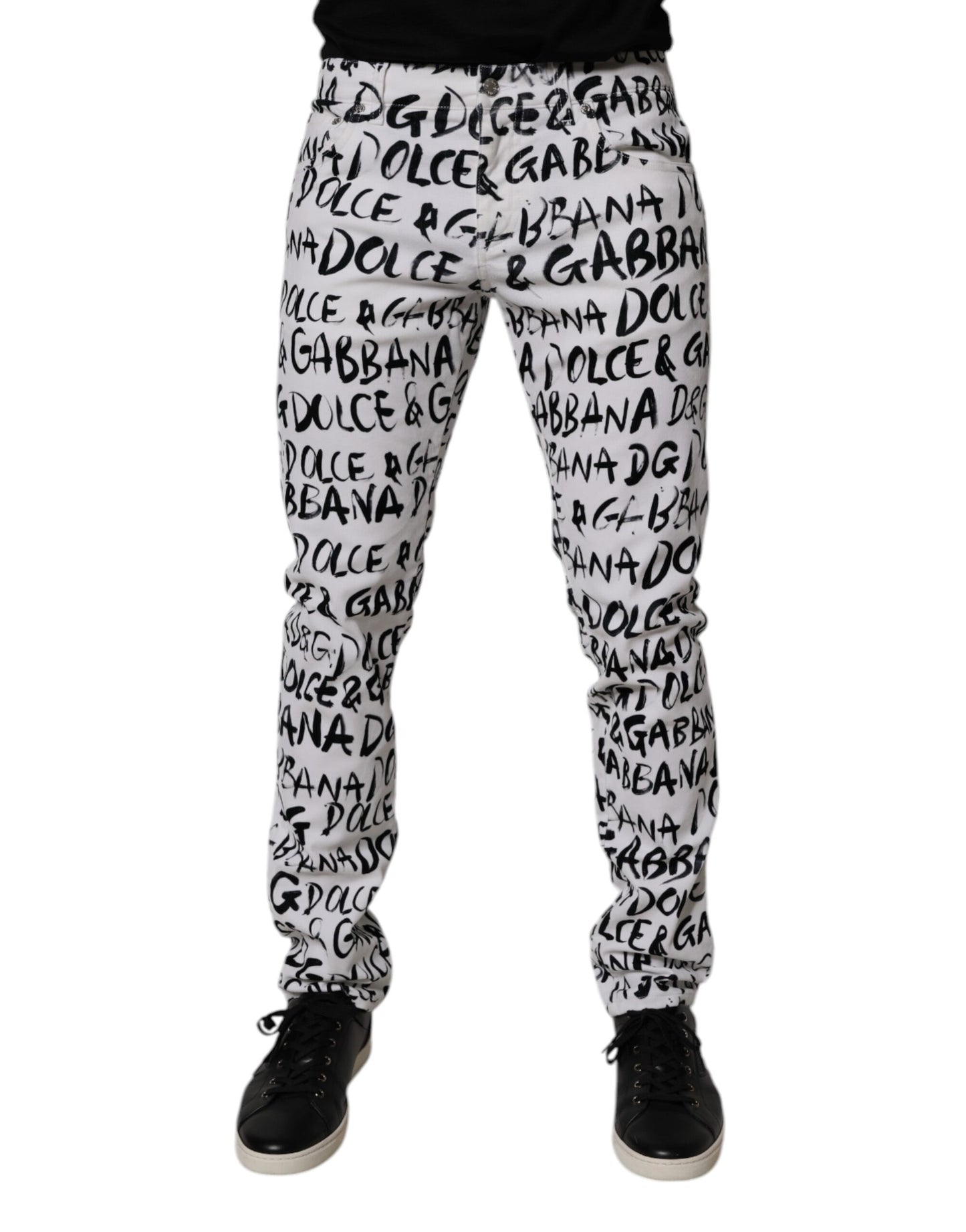 Dolce &amp; Gabbana White Cotton Logo Print Skinny Denim Jeans