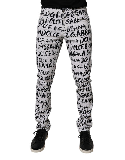 Dolce &amp; Gabbana White Cotton Logo Print Skinny Denim Jeans