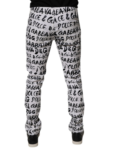 Dolce &amp; Gabbana White Cotton Logo Print Skinny Denim Jeans