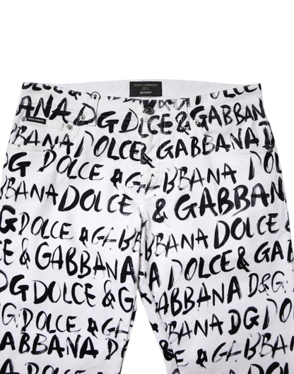Dolce &amp; Gabbana White Cotton Logo Print Skinny Denim Jeans
