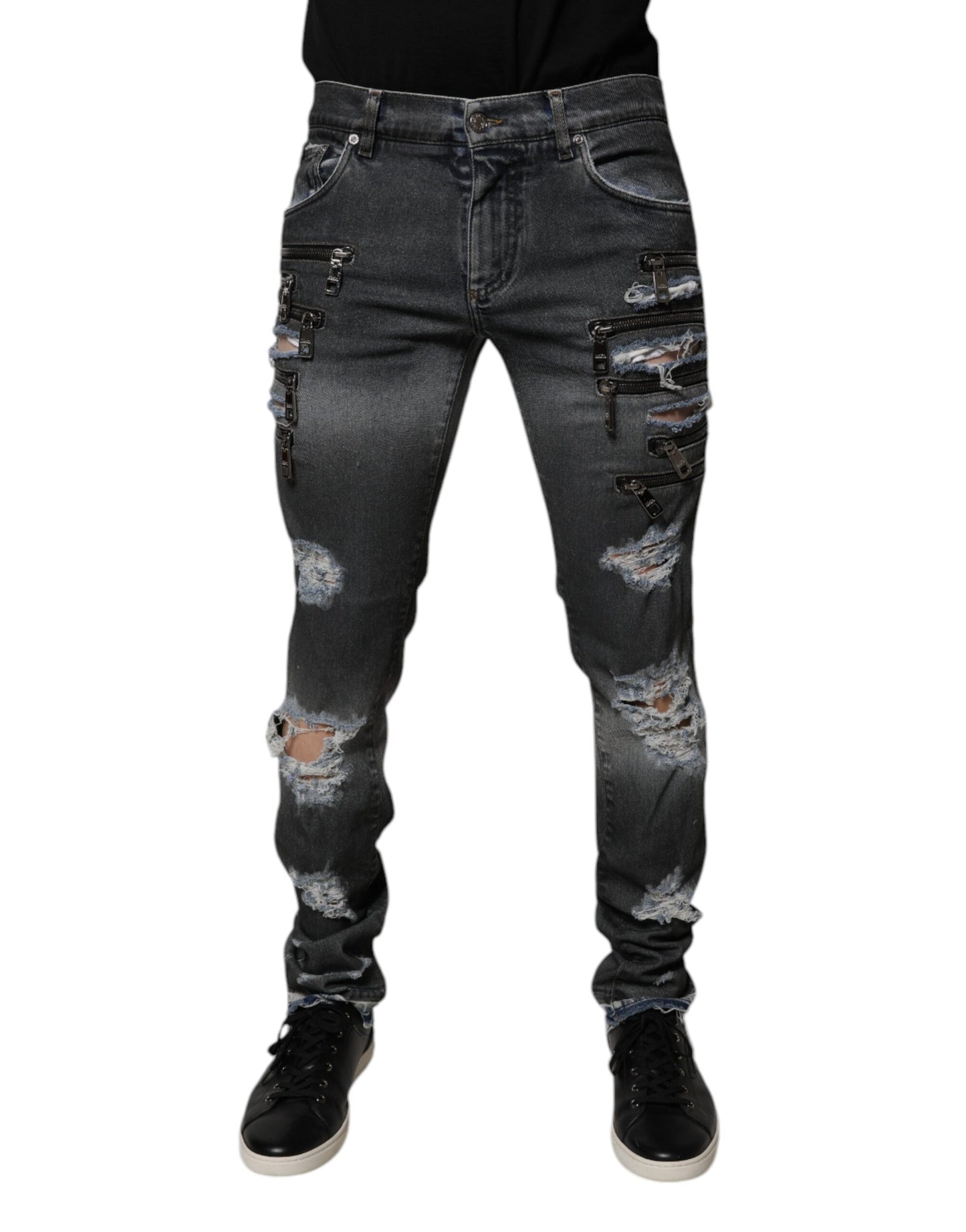Dolce &amp; Gabbana Dark Gray Tattered Cotton Skinny Denim Jeans