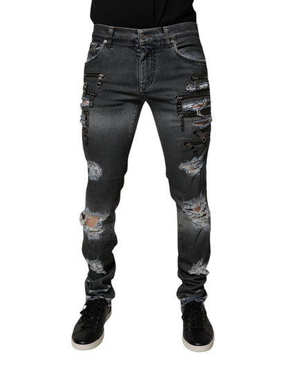 Dolce &amp; Gabbana Dark Gray Tattered Cotton Skinny Denim Jeans