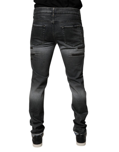 Dolce &amp; Gabbana Dark Gray Tattered Cotton Skinny Denim Jeans