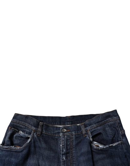 Dolce &amp; Gabbana Dark Blue Tattered Wide Leg Men Denim Jeans