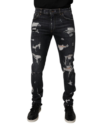 Dolce &amp; Gabbana Black Tattered Cotton Skinny Men Denim Jeans