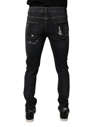 Dolce &amp; Gabbana Black Tattered Cotton Skinny Men Denim Jeans