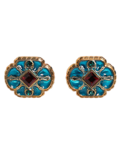 Dolce &amp; Gabbana Manschettenknopf aus goldfarbenem Messing mit blau emaillierter Blume