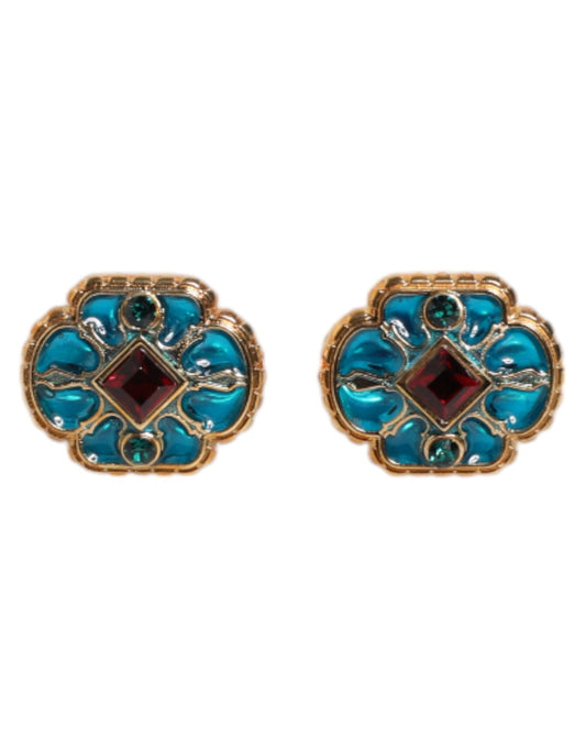 Dolce &amp; Gabbana Manschettenknopf aus goldfarbenem Messing mit blau emaillierter Blume