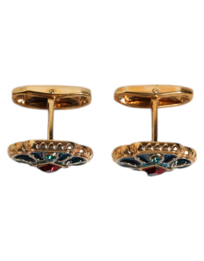 Dolce &amp; Gabbana Manschettenknopf aus goldfarbenem Messing mit blau emaillierter Blume