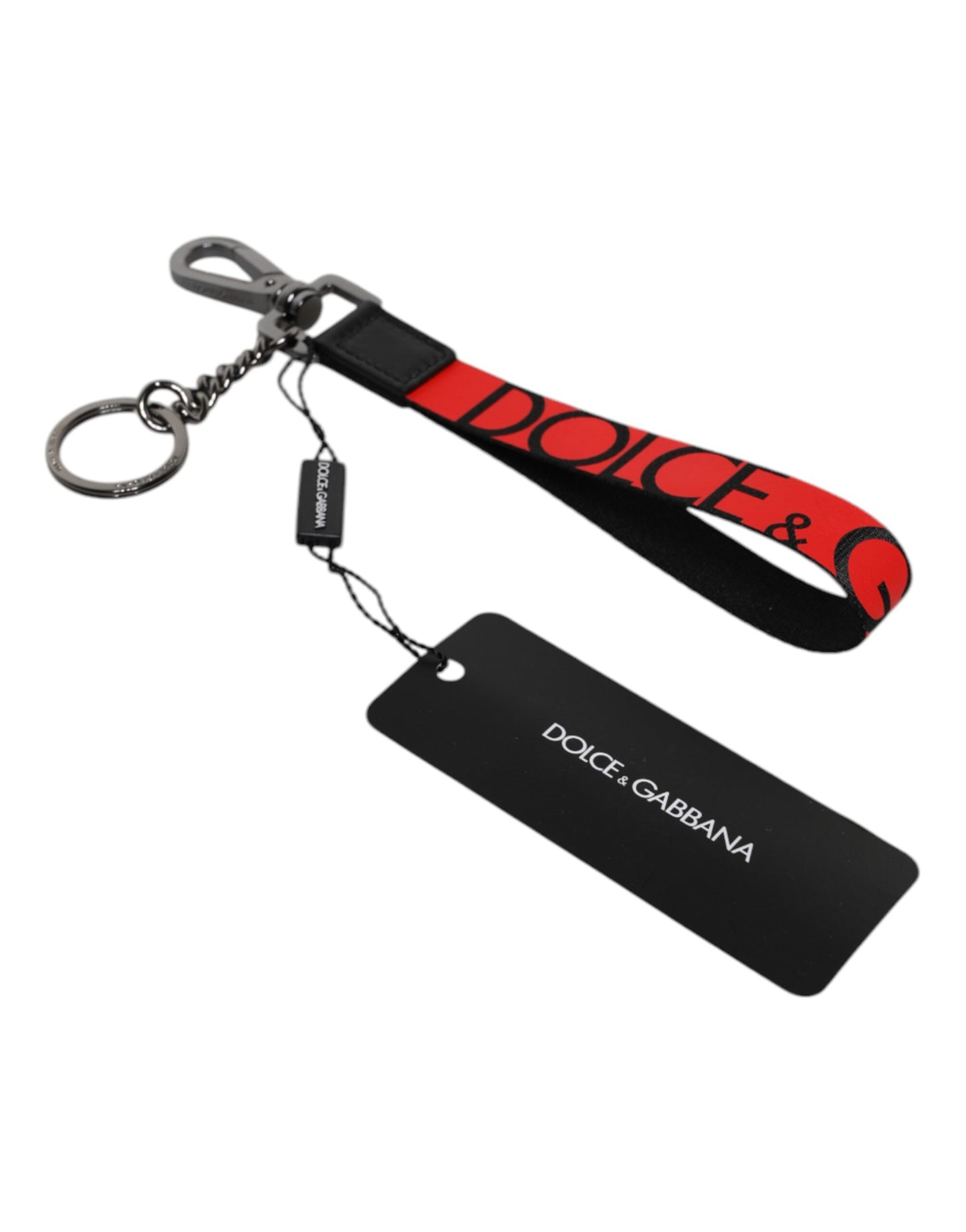 Dolce &amp; Gabbana Red Logo Nylon Silver Brass Men Holder Keychain Keyring