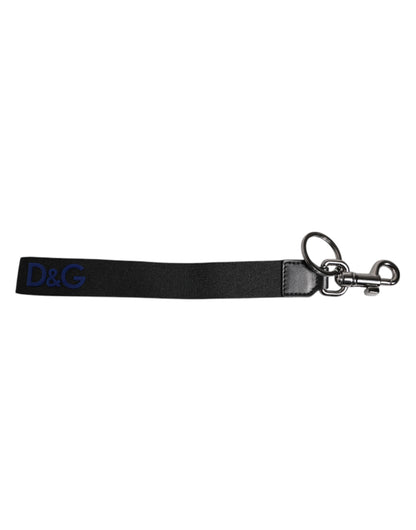 Dolce &amp; Gabbana Black Logo Nylon Silver Brass Men Holder Keychain Keyring
