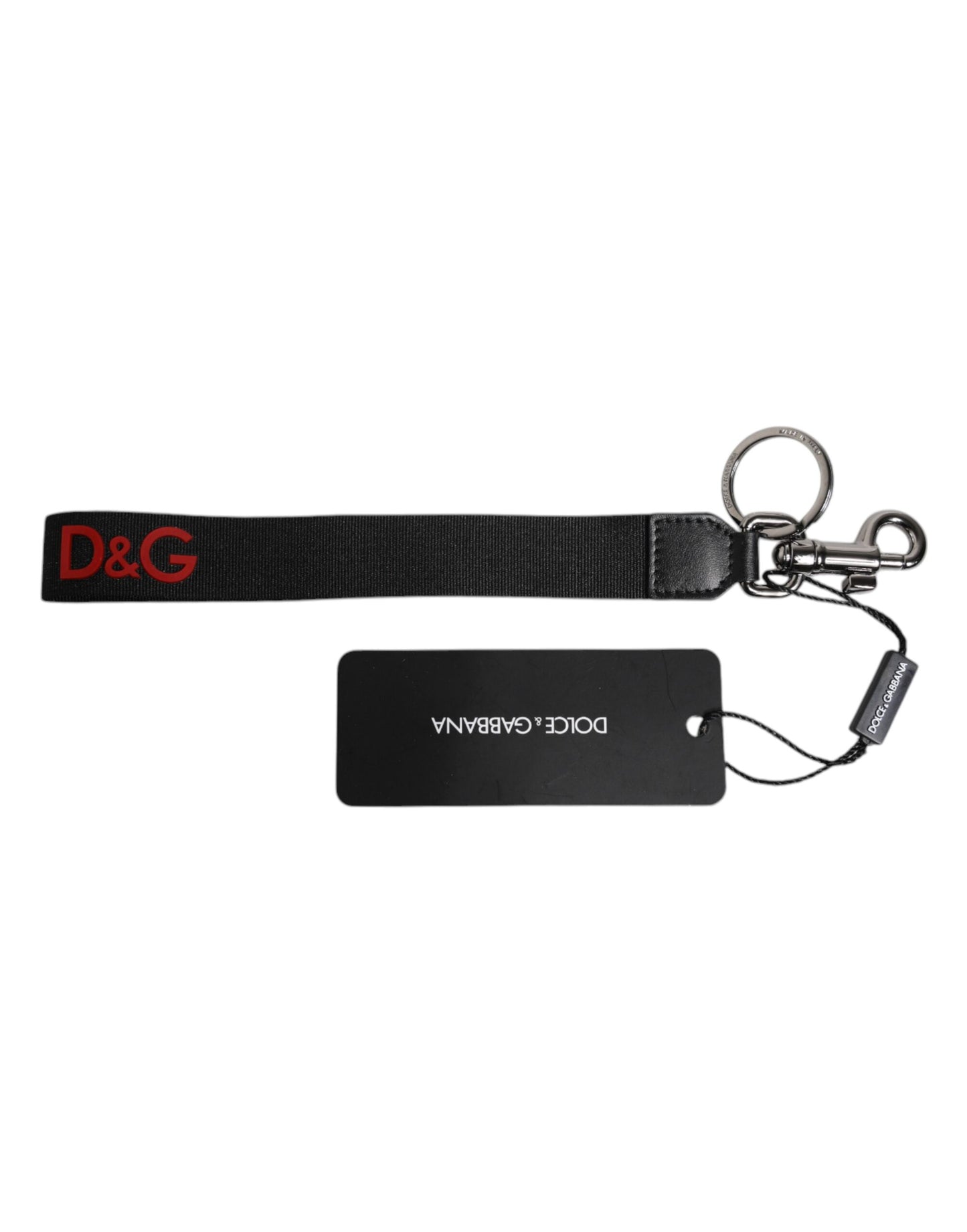 Dolce &amp; Gabbana Black Logo Nylon Silver Brass Men Holder Keychain Keyring