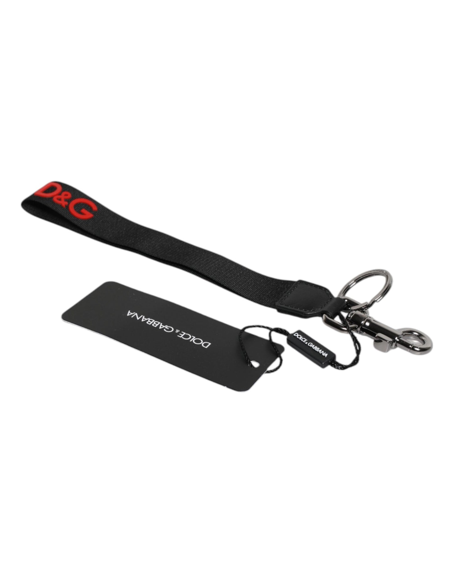Dolce &amp; Gabbana Black Logo Nylon Silver Brass Men Holder Keychain Keyring