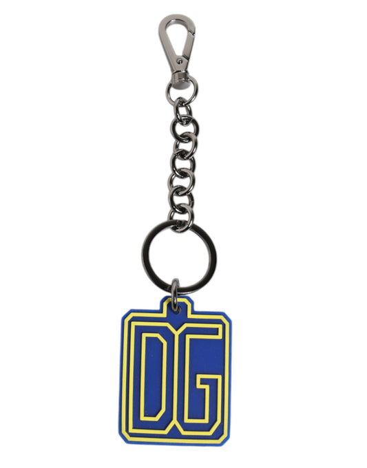 Dolce &amp; Gabbana Blue Yellow DG Rubber Logo Silver Men's Keychain Keyring