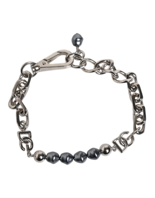 Dolce &amp; Gabbana Silberfarbenes Kettenarmband mit Karabinerverschluss und grauen Perlen