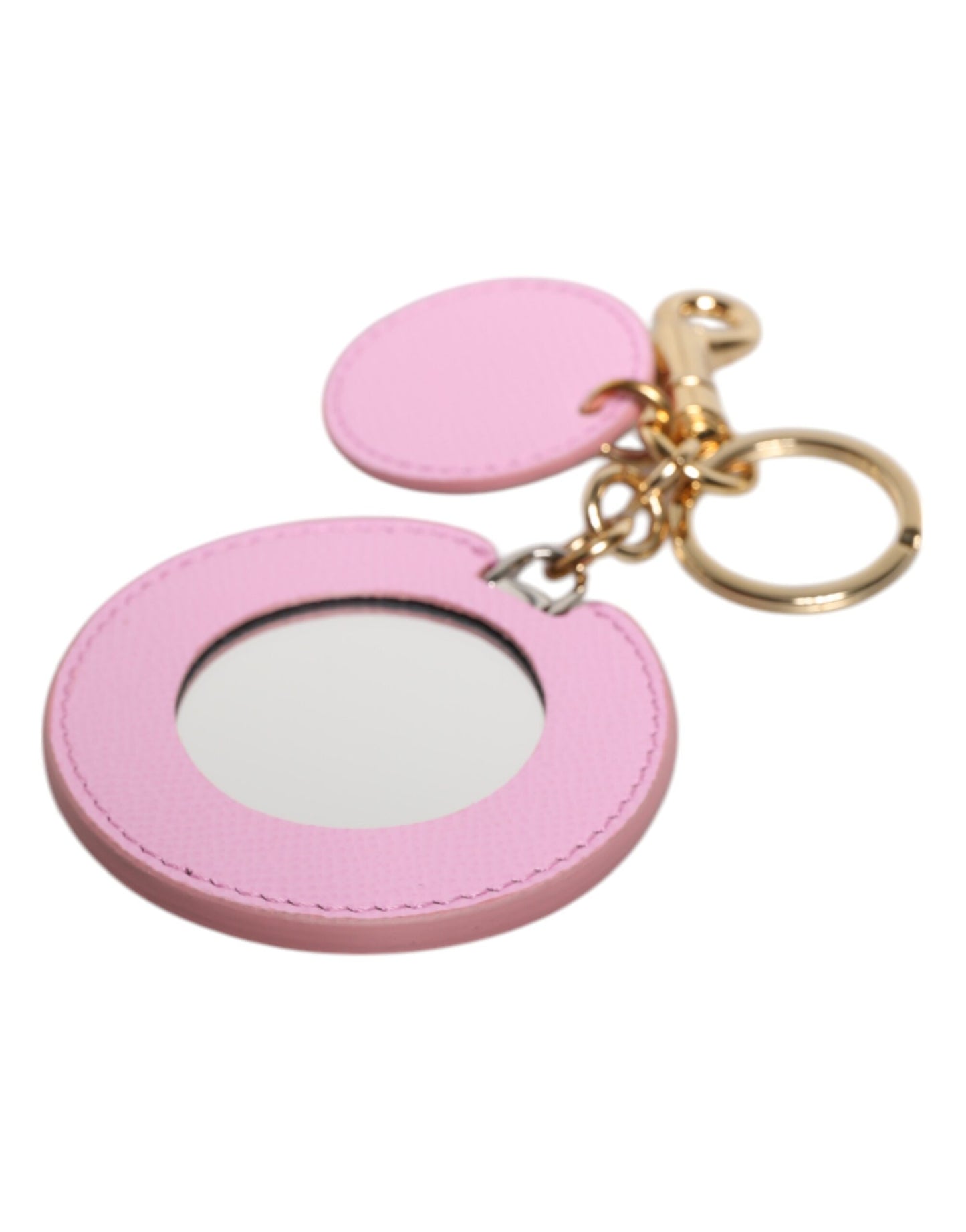 Dolce &amp; Gabbana Pink Calf Leather Gold Metal Logo Print Keyring Keychain