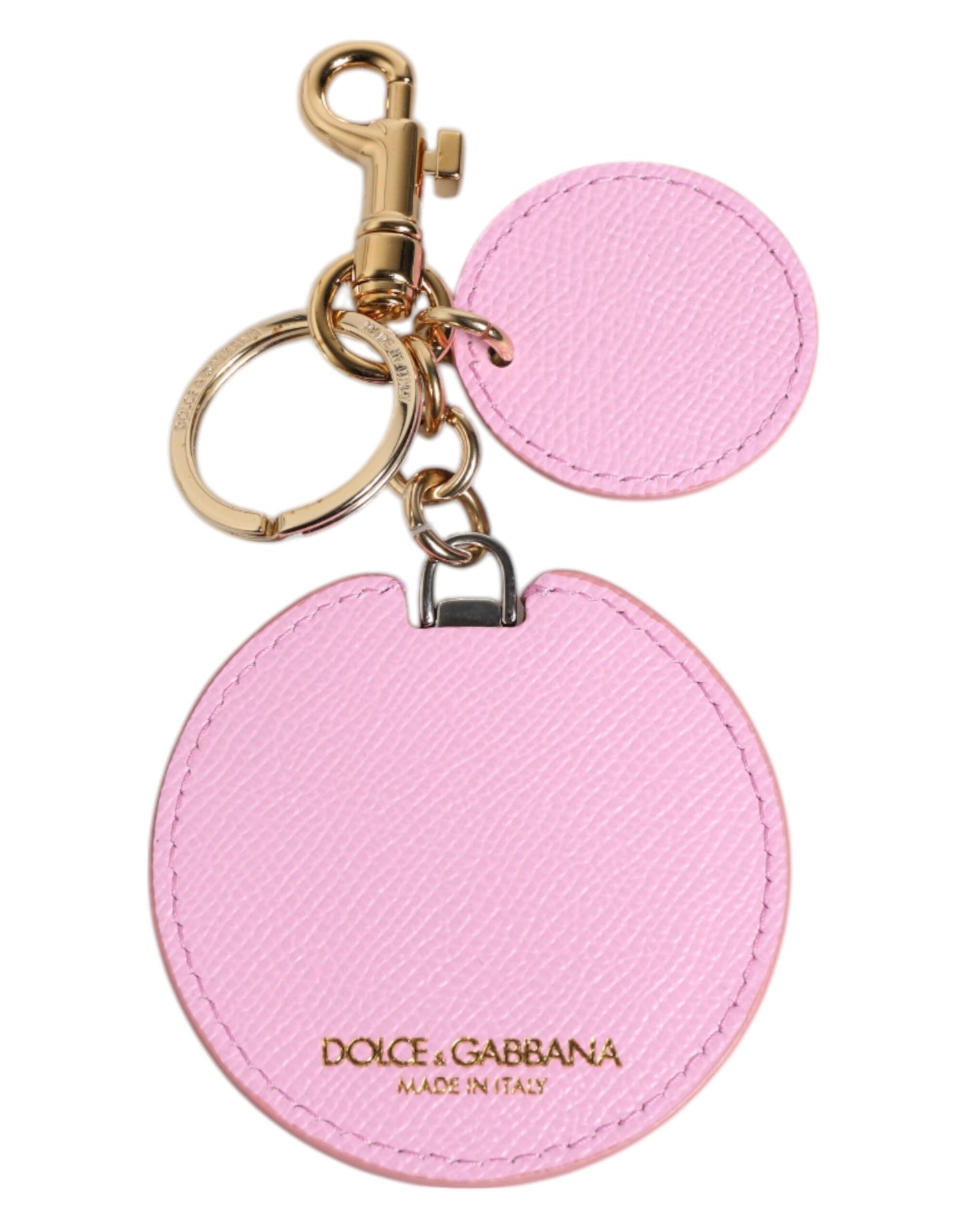 Dolce &amp; Gabbana Pink Calf Leather Gold Metal Logo Print Keyring Keychain